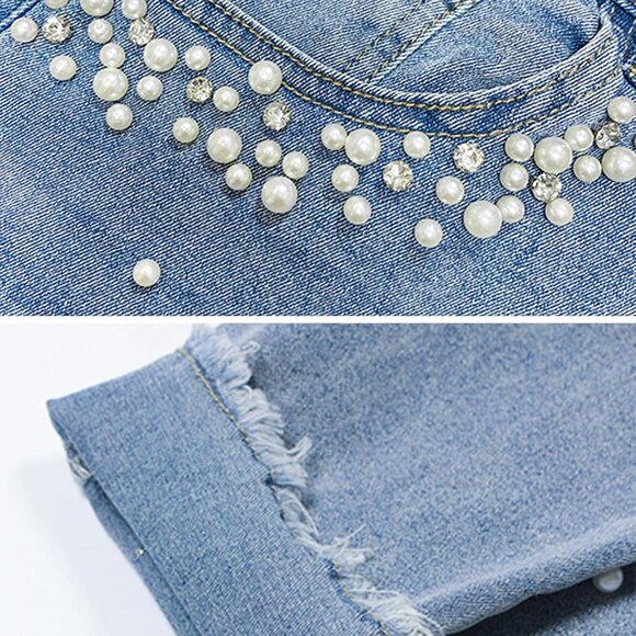 Women's High Rise Slim Fit Denim Jeans Pearl Beaded Frayed Fringe - Picture 6 of 7